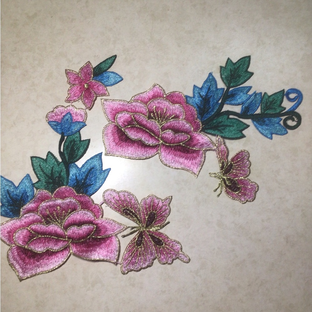 #5 Pink Lotus flower butterfly floral embroidery SEW ON patch